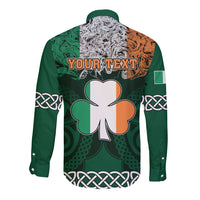 Green long-sleeve button shirt with Celtic knot pattern, shamrock and YOUR TEXT print