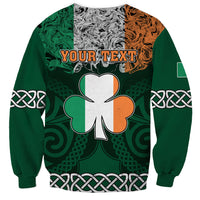 Unisex green sweatshirt with YOUR TEXT and shamrock graphic, Celtic knot trim, crew neck