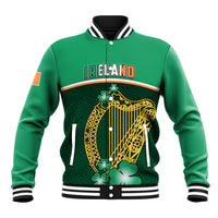Green baseball jacket with ribbed collar, IRELAND print, Celtic harp and shamrock detail.