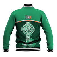 Green Ireland baseball jacket with shamrock Celtic cross back graphic