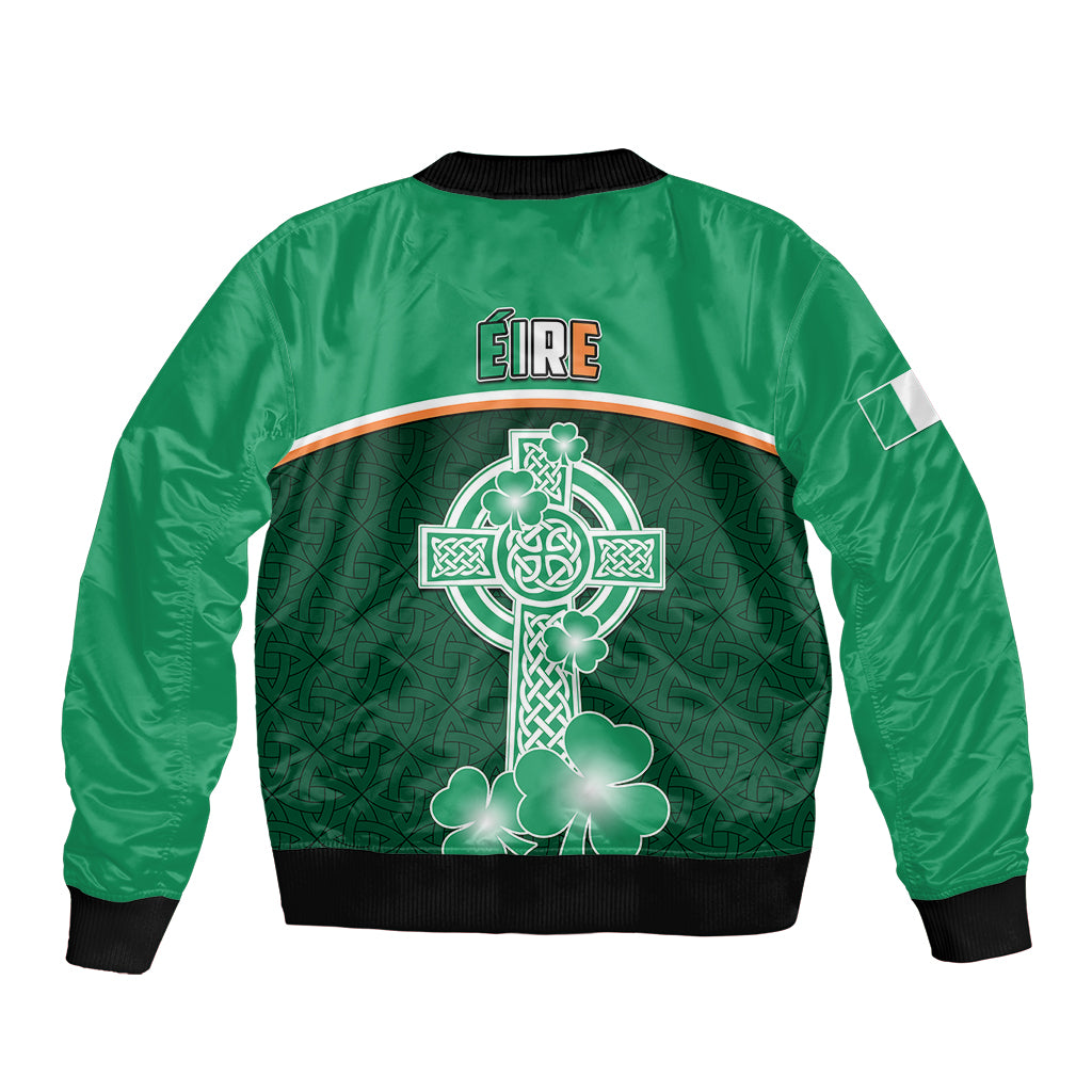 Green bomber jacket with back Celtic cross design and clover patterns, black rib hem