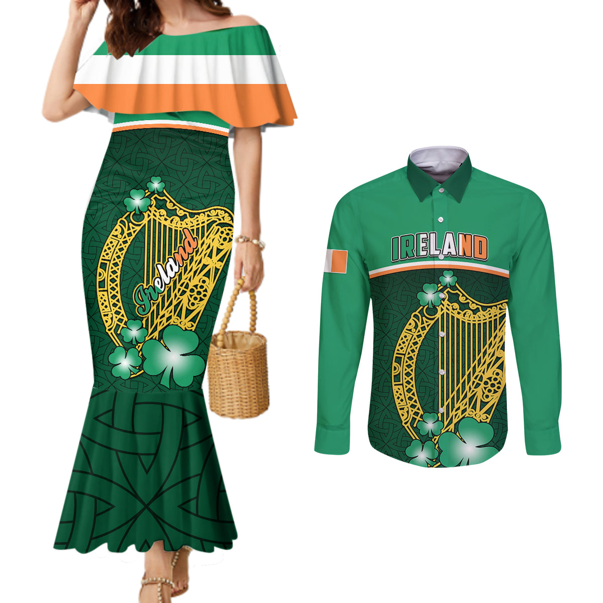 ireland-couples-matching-mermaid-dress-and-long-sleeve-button-shirts-irish-shamrock-harp-mix-celtic-pattern