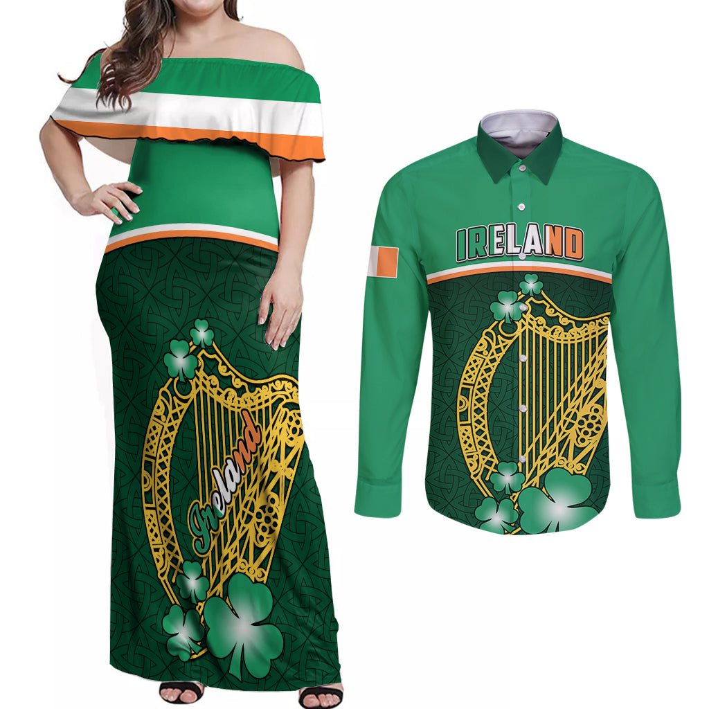 Ireland Couples Matching Off Shoulder Maxi Dress and Long Sleeve Button Shirts Irish Shamrock Harp Mix Celtic Pattern - Wonder Print Shop