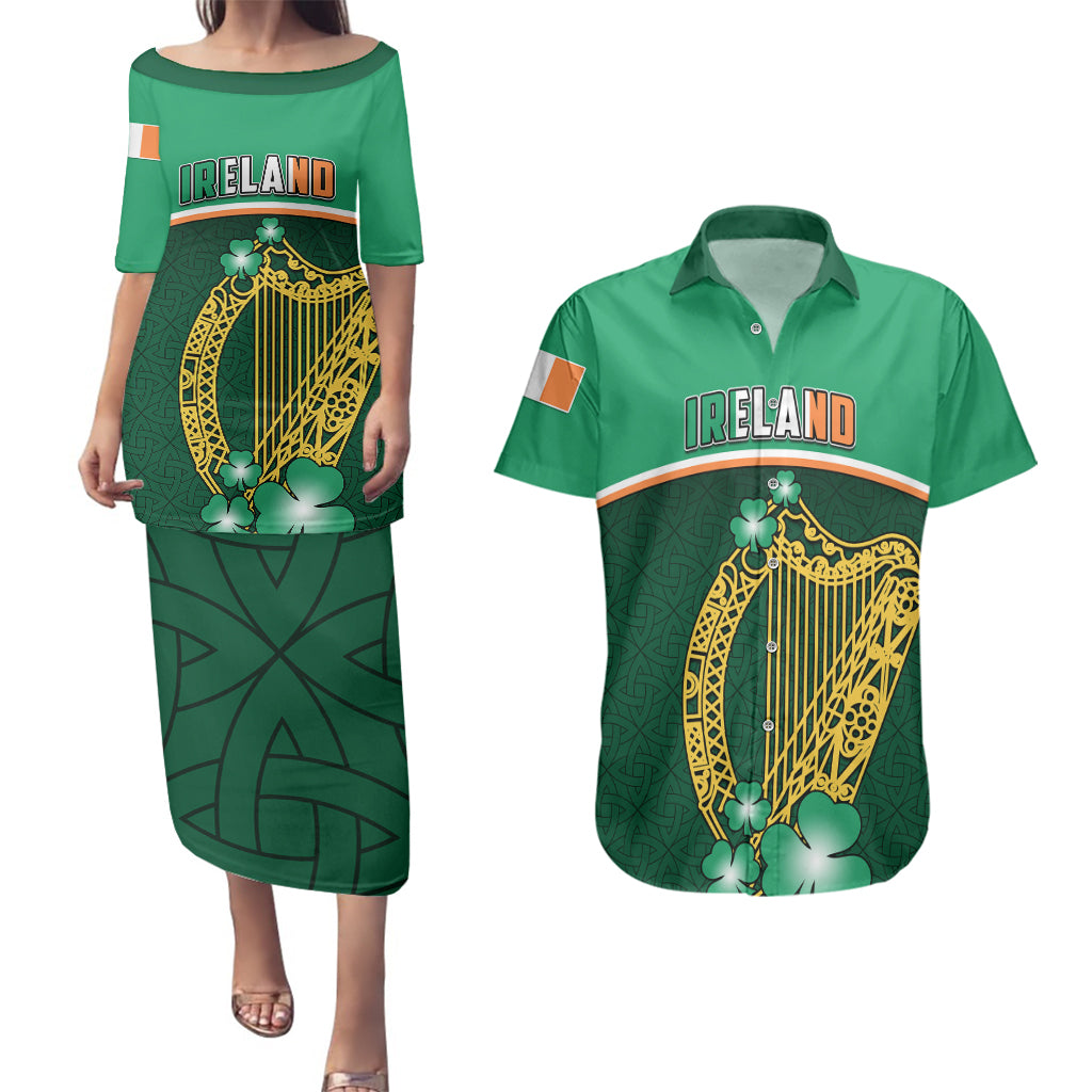 Ireland Couples Matching Puletasi Dress and Hawaiian Shirt Irish Shamrock Harp Mix Celtic Pattern - Wonder Print Shop