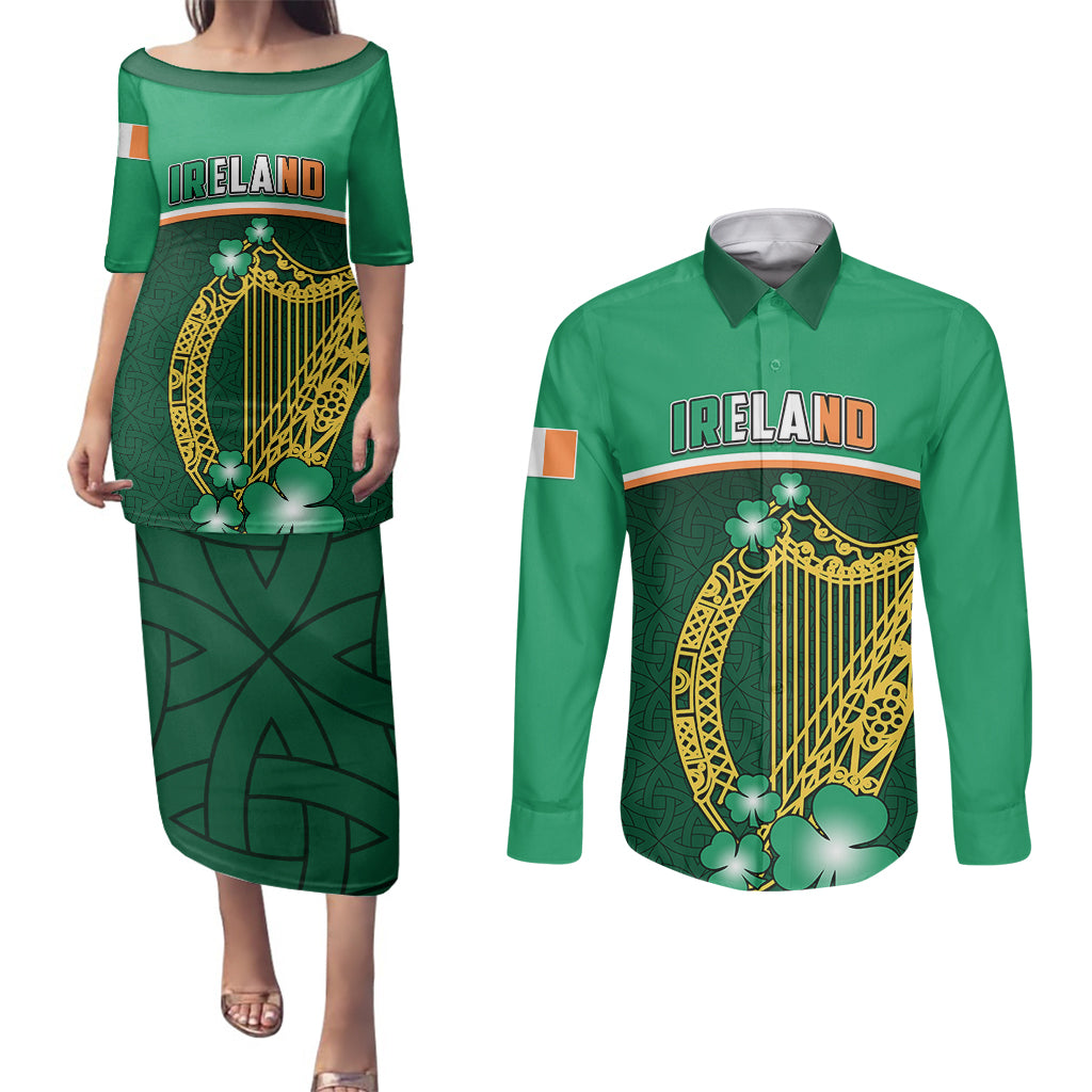 Ireland Couples Matching Puletasi Dress and Long Sleeve Button Shirts Irish Shamrock Harp Mix Celtic Pattern - Wonder Print Shop