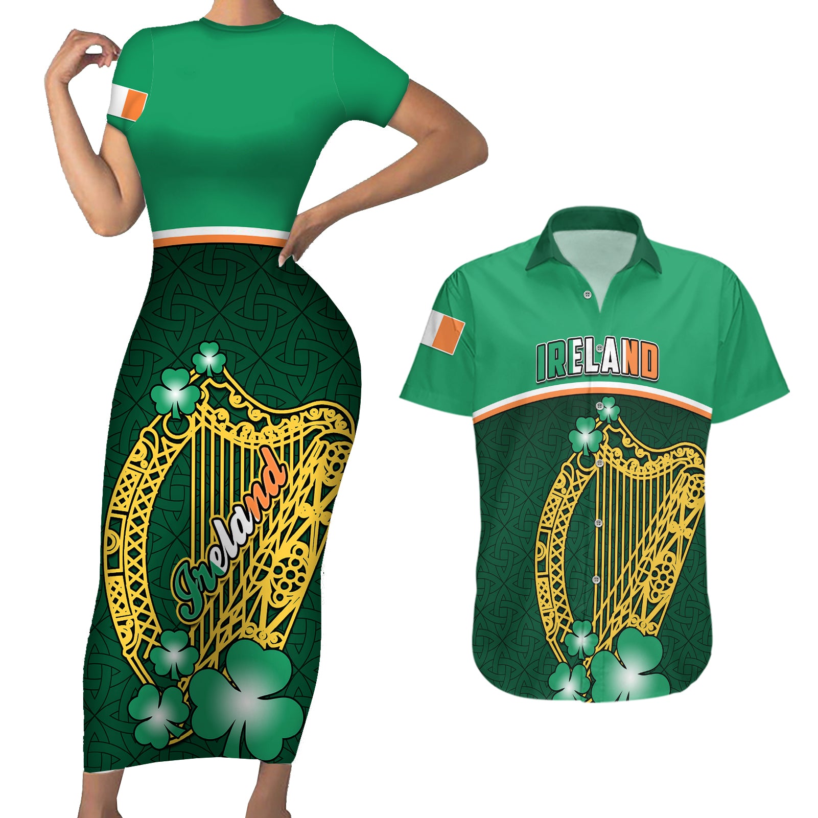 Ireland Couples Matching Short Sleeve Bodycon Dress and Hawaiian Shirt Irish Shamrock Harp Mix Celtic Pattern - Wonder Print Shop