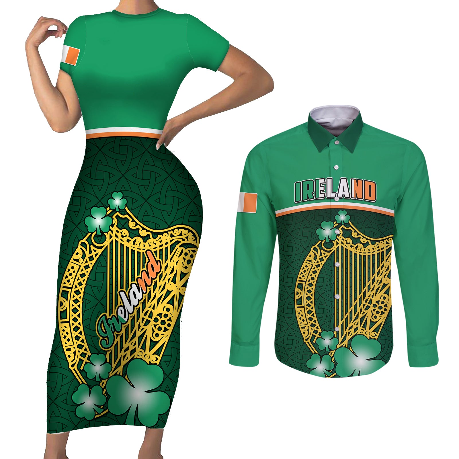 Ireland Couples Matching Short Sleeve Bodycon Dress and Long Sleeve Button Shirts Irish Shamrock Harp Mix Celtic Pattern - Wonder Print Shop