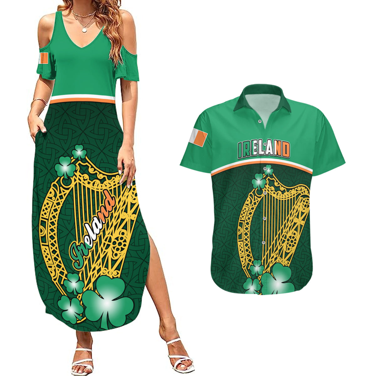 Ireland Couples Matching Summer Maxi Dress and Hawaiian Shirt Irish Shamrock Harp Mix Celtic Pattern - Wonder Print Shop