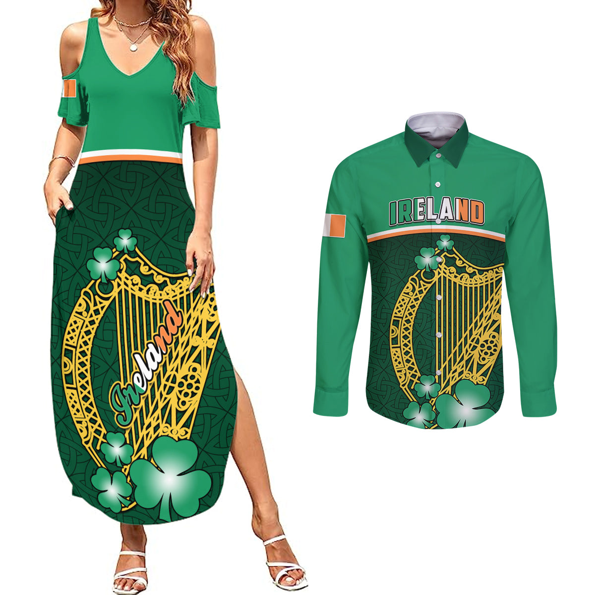 Ireland Couples Matching Summer Maxi Dress and Long Sleeve Button Shirts Irish Shamrock Harp Mix Celtic Pattern - Wonder Print Shop