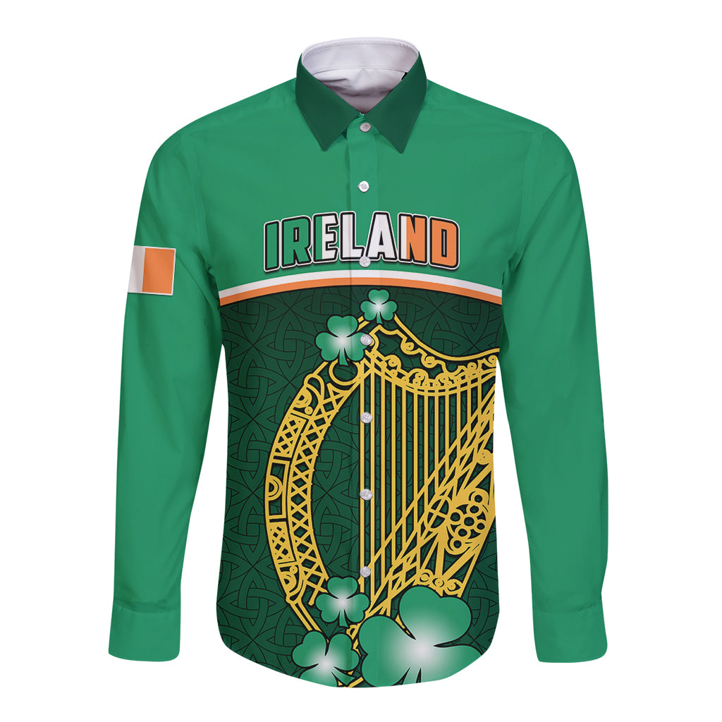 Ireland Long Sleeve Button Shirt Irish Shamrock Harp Mix Celtic Pattern - Wonder Print Shop