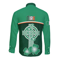 Green long sleeve button shirt with ÉIRE, shamrock harp Celtic back graphic