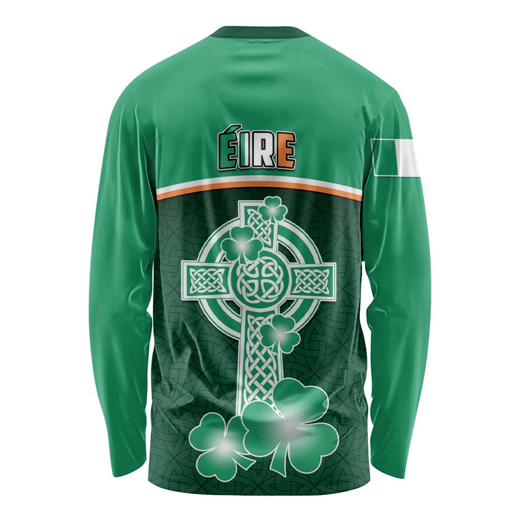 Green long sleeve Ireland shirt with ÉIRE, Celtic cross, and shamrock print