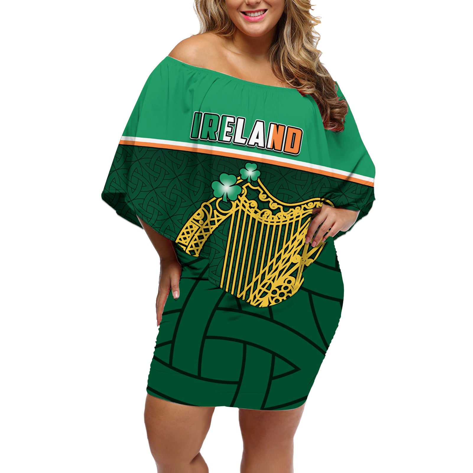 Ireland Off Shoulder Short Dress Irish Shamrock Harp Mix Celtic Pattern - Wonder Print Shop