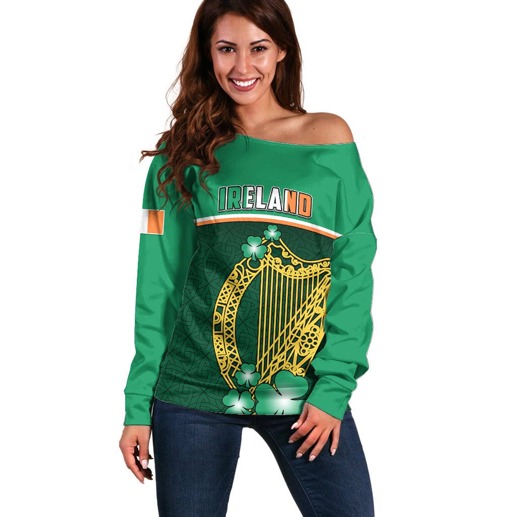 Ireland Off Shoulder Sweater Irish Shamrock Harp Mix Celtic Pattern - Wonder Print Shop