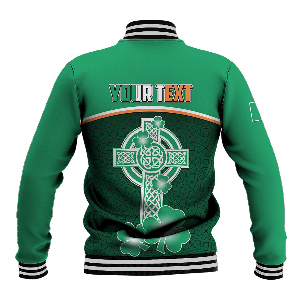 Green baseball jacket back with striped collar, Your Text logo and Celtic harp cross design