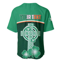 Green V-neck baseball jersey back with YOUR TEXT and white Celtic harp cross