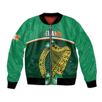 Green bomber jacket with Ireland text, harp graphic, black ribbed cuffs and zipper
