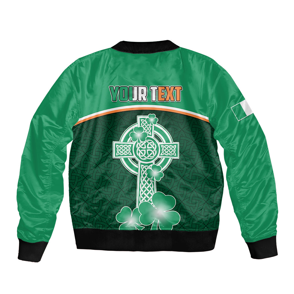 Green bomber jacket with celtic cross and shamrocks, Your text, black ribbed hem