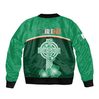 Green bomber jacket with celtic cross and shamrocks, Your text, black ribbed hem
