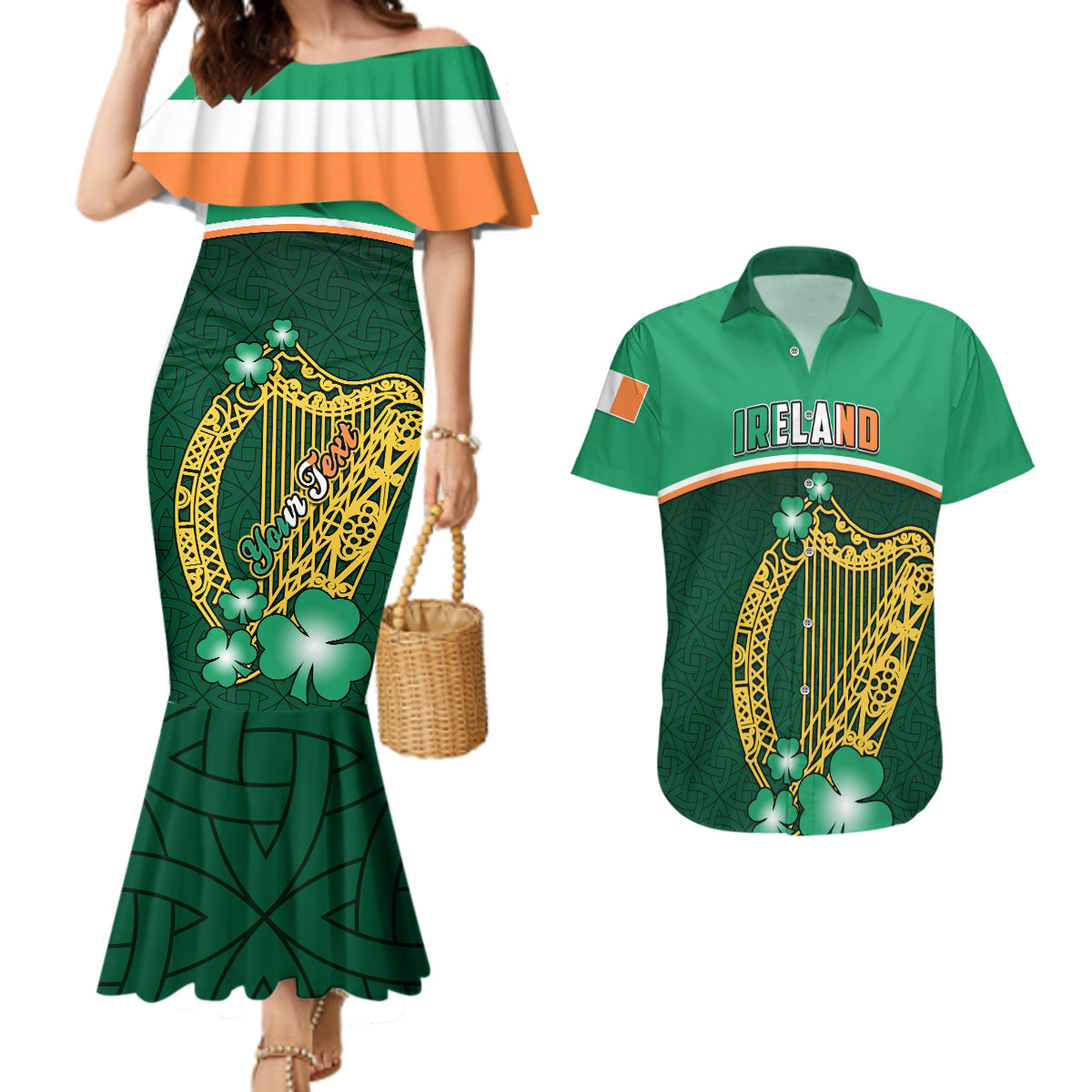 Personalised Ireland Couples Matching Mermaid Dress And Hawaiian Shirt Irish Shamrock Harp Mix Celtic Pattern - Wonder Print Shop