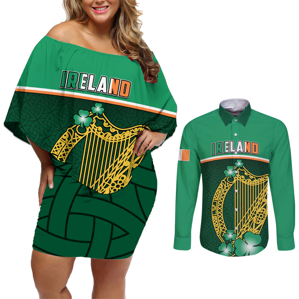 Personalised Ireland Couples Matching Off Shoulder Short Dress and Long Sleeve Button Shirts Irish Shamrock Harp Mix Celtic Pattern - Wonder Print Shop