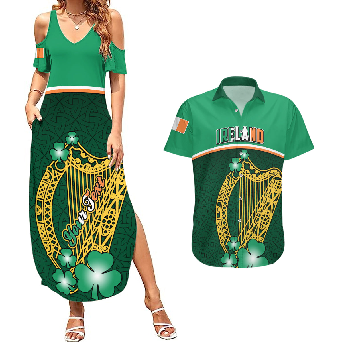 Personalised Ireland Couples Matching Summer Maxi Dress and Hawaiian Shirt Irish Shamrock Harp Mix Celtic Pattern - Wonder Print Shop