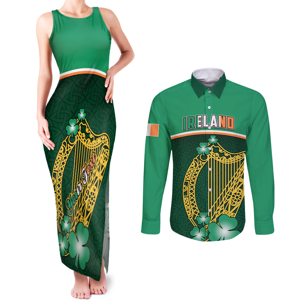 Personalised Ireland Couples Matching Tank Maxi Dress and Long Sleeve Button Shirts Irish Shamrock Harp Mix Celtic Pattern - Wonder Print Shop