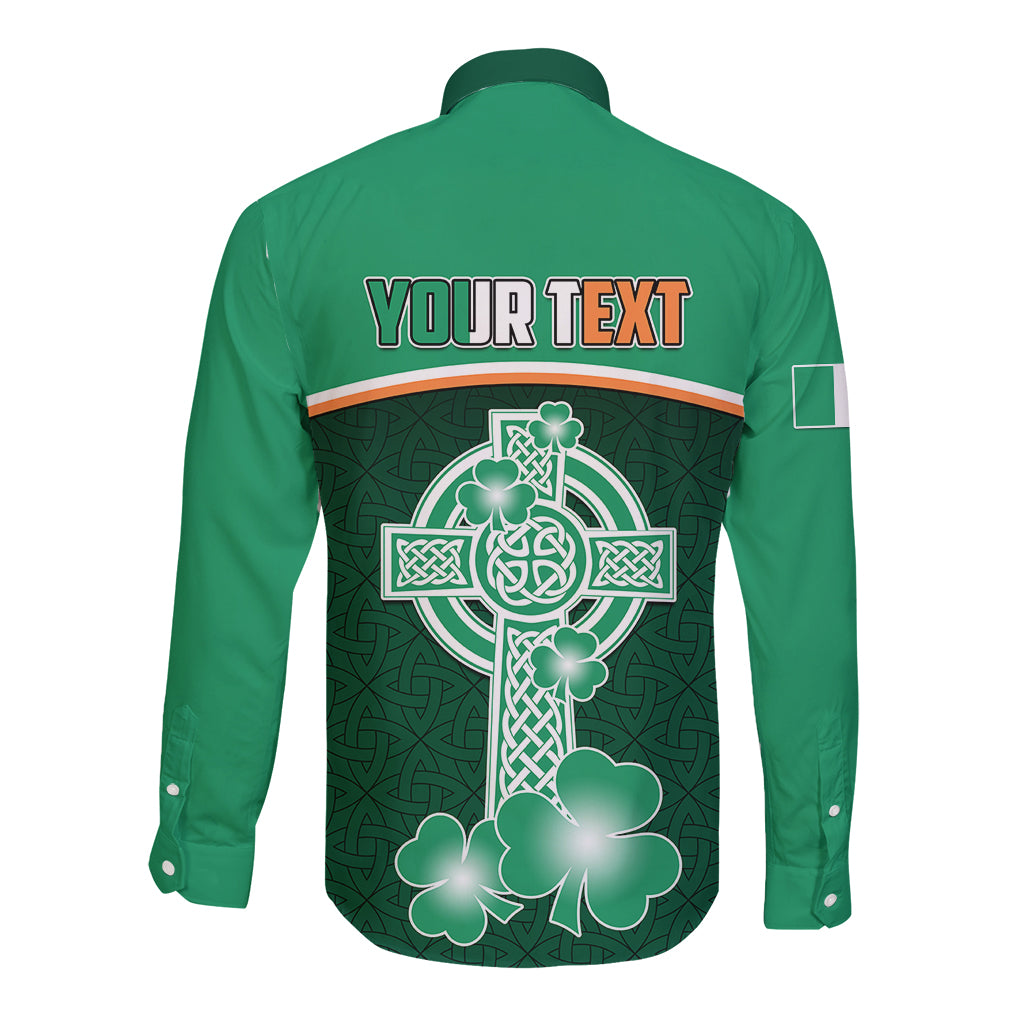 Green long-sleeve button shirt with Your Text on back and Celtic cross shamrock print
