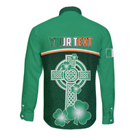 Green long-sleeve button shirt with Your Text on back and Celtic cross shamrock print