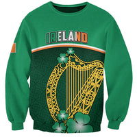 Green sweatshirt with Ireland graphic and Celtic harp, shamrock clover design