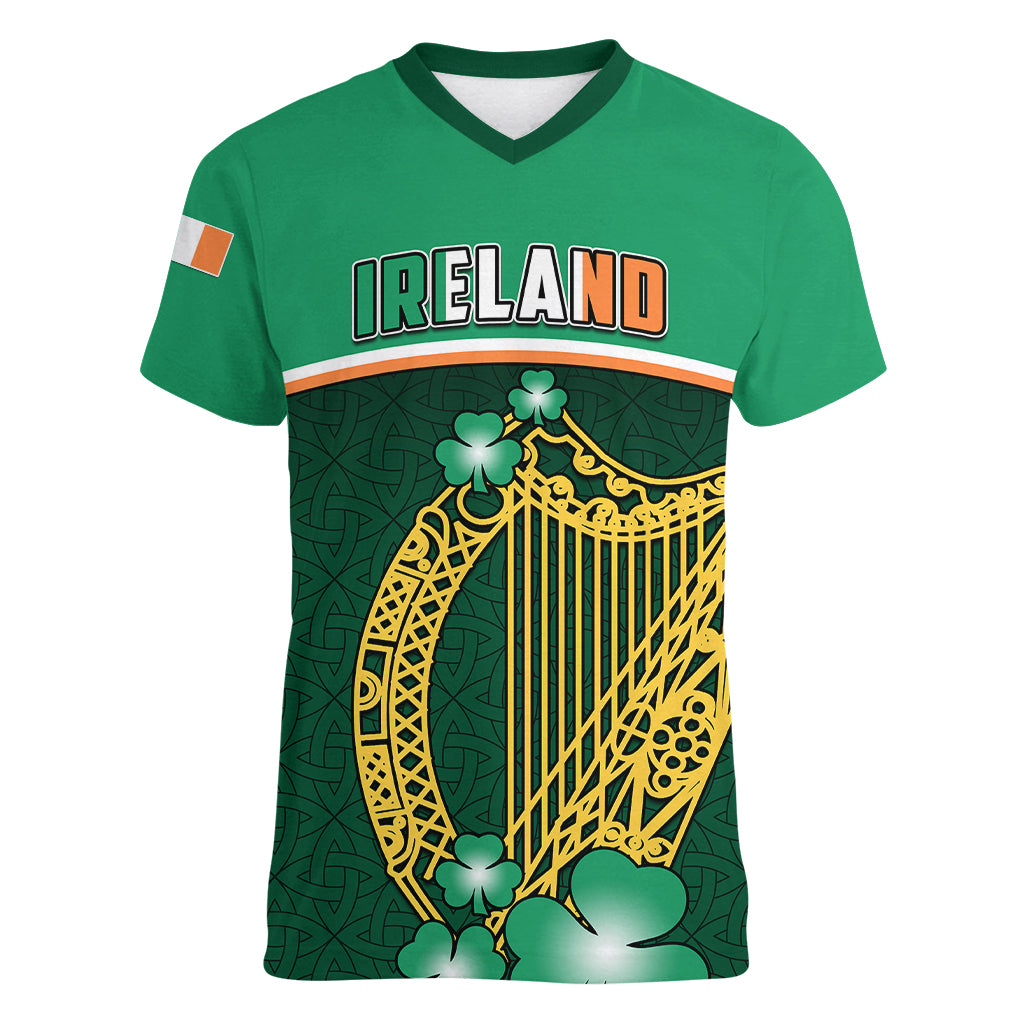 personalised-ireland-women-v-neck-t-shirt-irish-shamrock-harp-mix-celtic-pattern