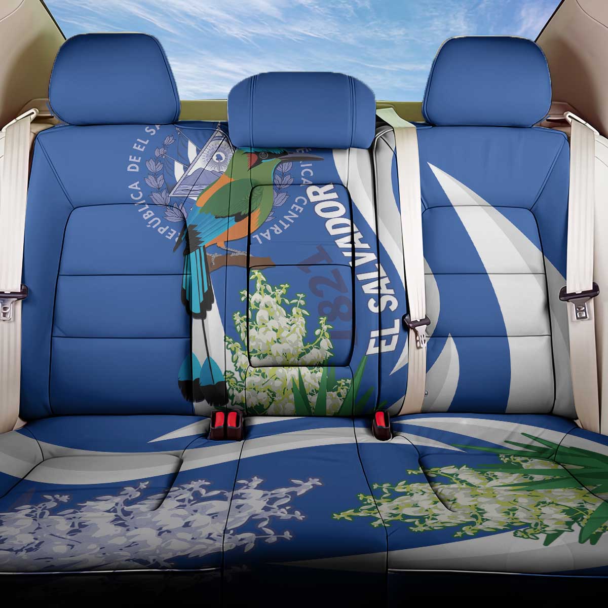 El Salvador Independence Day Back Car Seat Cover Flor De Izote With Turquoise Browed Motmot - Wonder Print Shop