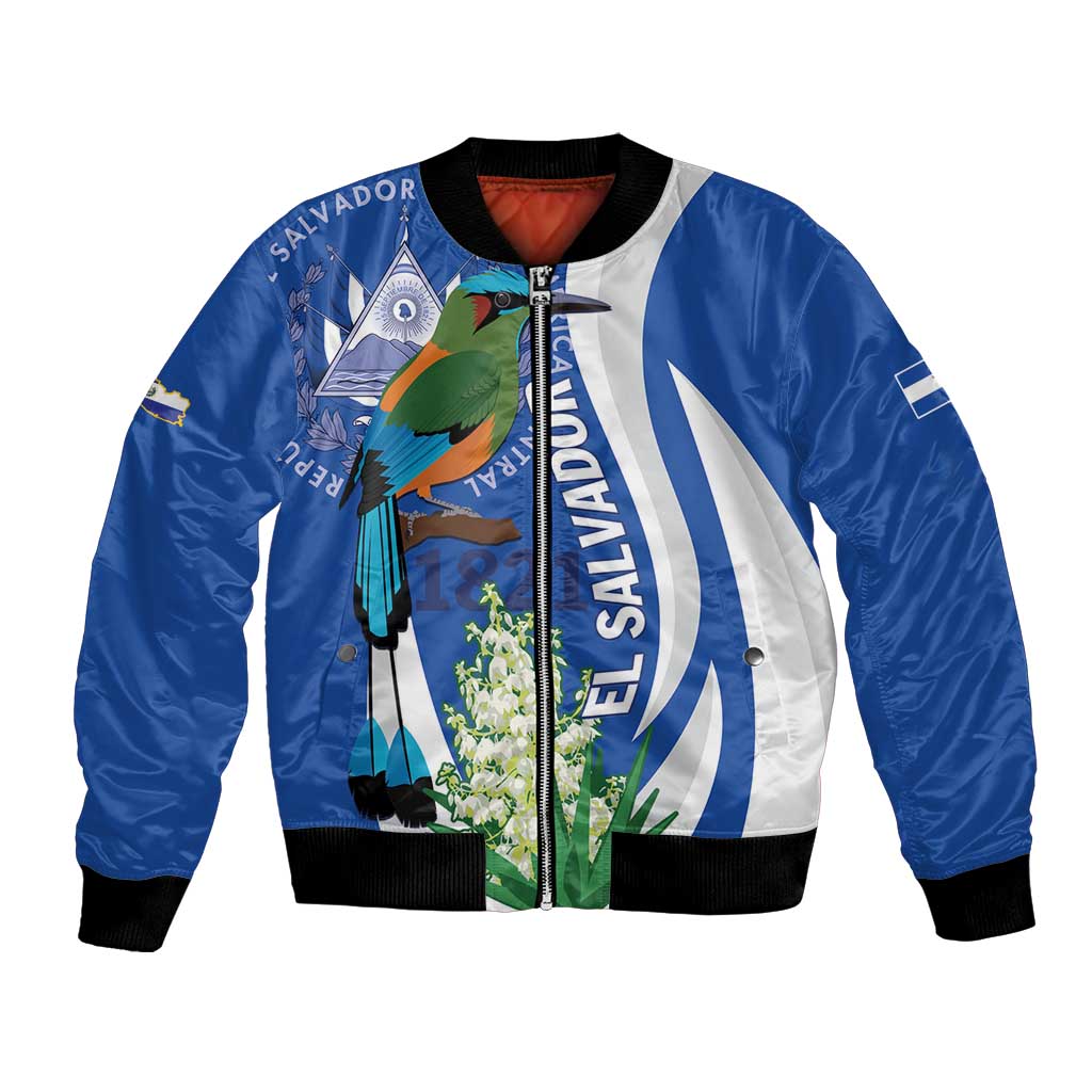 El Salvador Independence Day Bomber Jacket Flor De Izote With Turquoise Browed Motmot - Wonder Print Shop