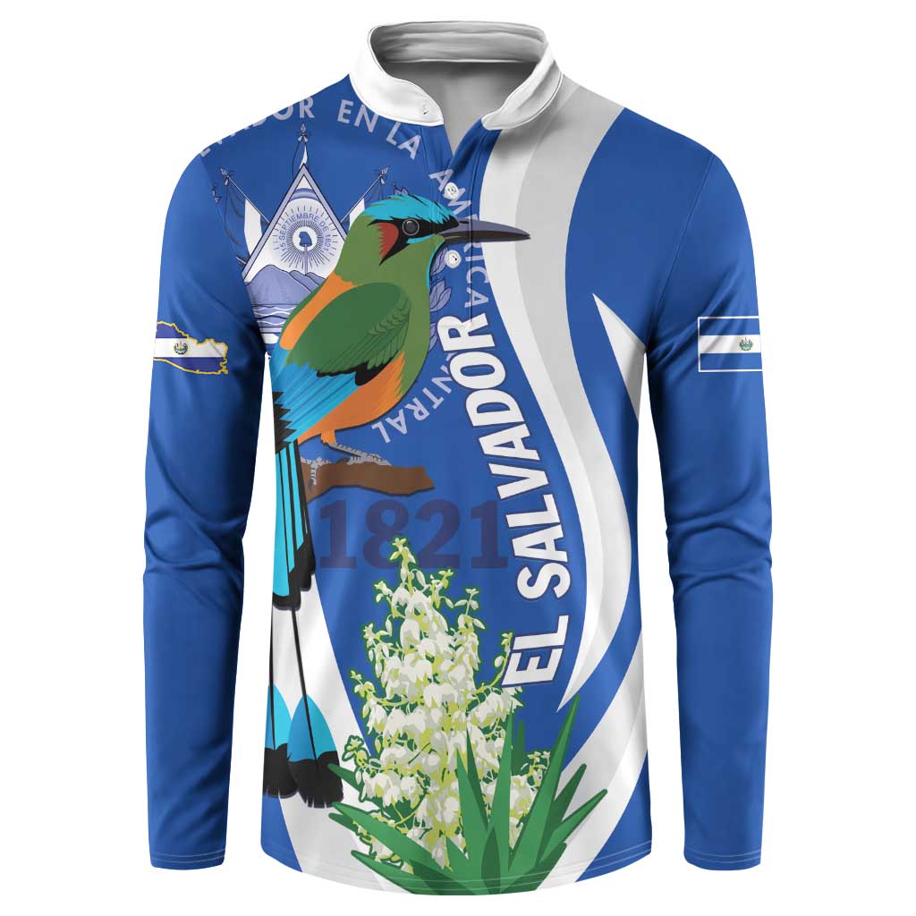 Blue long-sleeve graphic sweatshirt with bird, floral panel, and El Salvador text