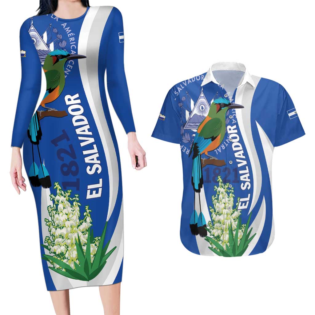 El Salvador Independence Day Couples Matching Long Sleeve Bodycon Dress and Hawaiian Shirt Flor De Izote With Turquoise Browed Motmot - Wonder Print Shop