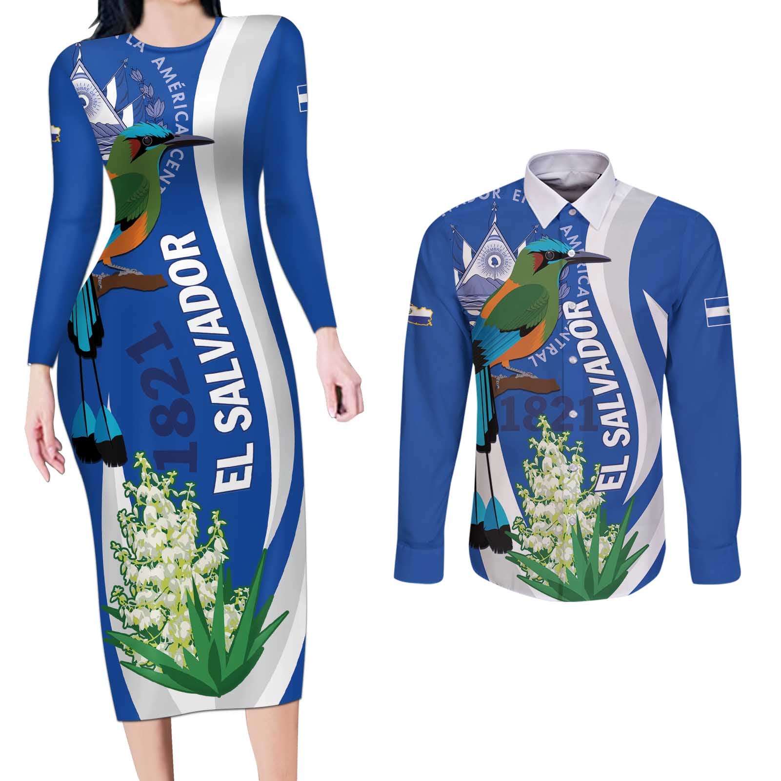 El Salvador Independence Day Couples Matching Long Sleeve Bodycon Dress and Long Sleeve Button Shirt Flor De Izote With Turquoise Browed Motmot - Wonder Print Shop