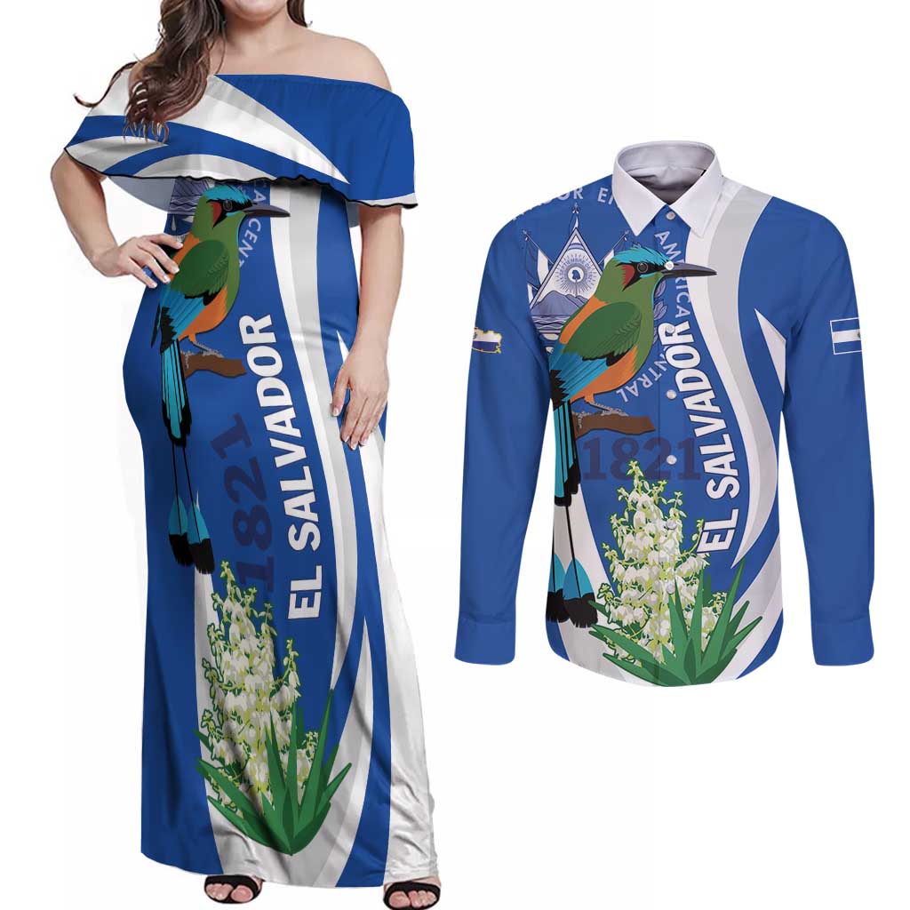 El Salvador Independence Day Couples Matching Off Shoulder Maxi Dress and Long Sleeve Button Shirt Flor De Izote With Turquoise Browed Motmot - Wonder Print Shop