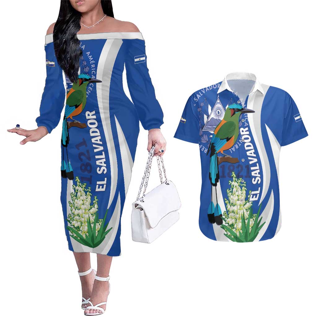 El Salvador Independence Day Couples Matching Off The Shoulder Long Sleeve Dress and Hawaiian Shirt Flor De Izote With Turquoise Browed Motmot - Wonder Print Shop