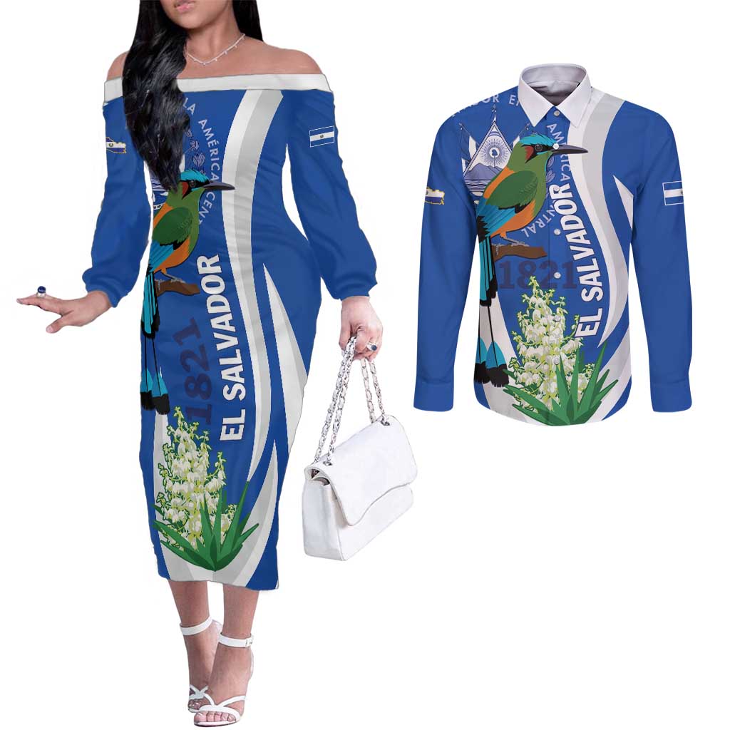 El Salvador Independence Day Couples Matching Off The Shoulder Long Sleeve Dress and Long Sleeve Button Shirt Flor De Izote With Turquoise Browed Motmot