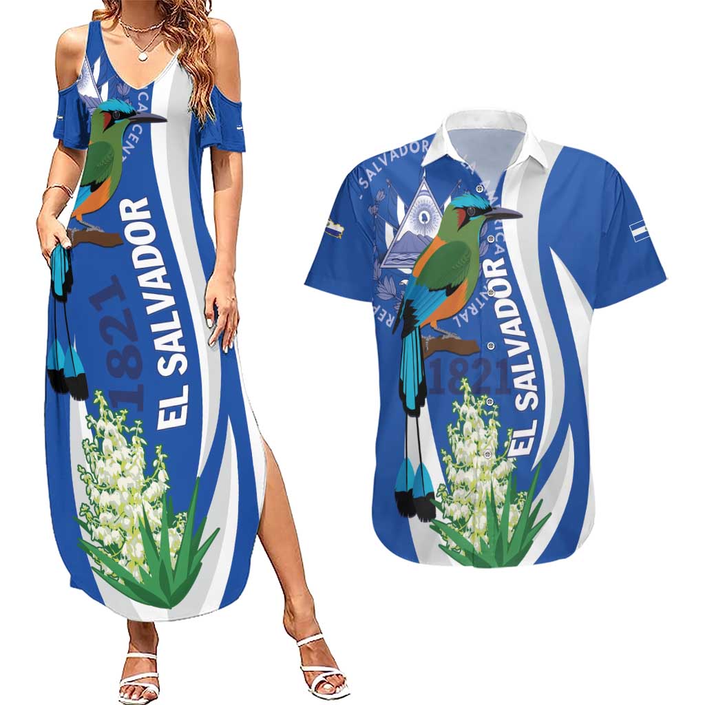 El Salvador Independence Day Couples Matching Summer Maxi Dress and Hawaiian Shirt Flor De Izote With Turquoise Browed Motmot - Wonder Print Shop