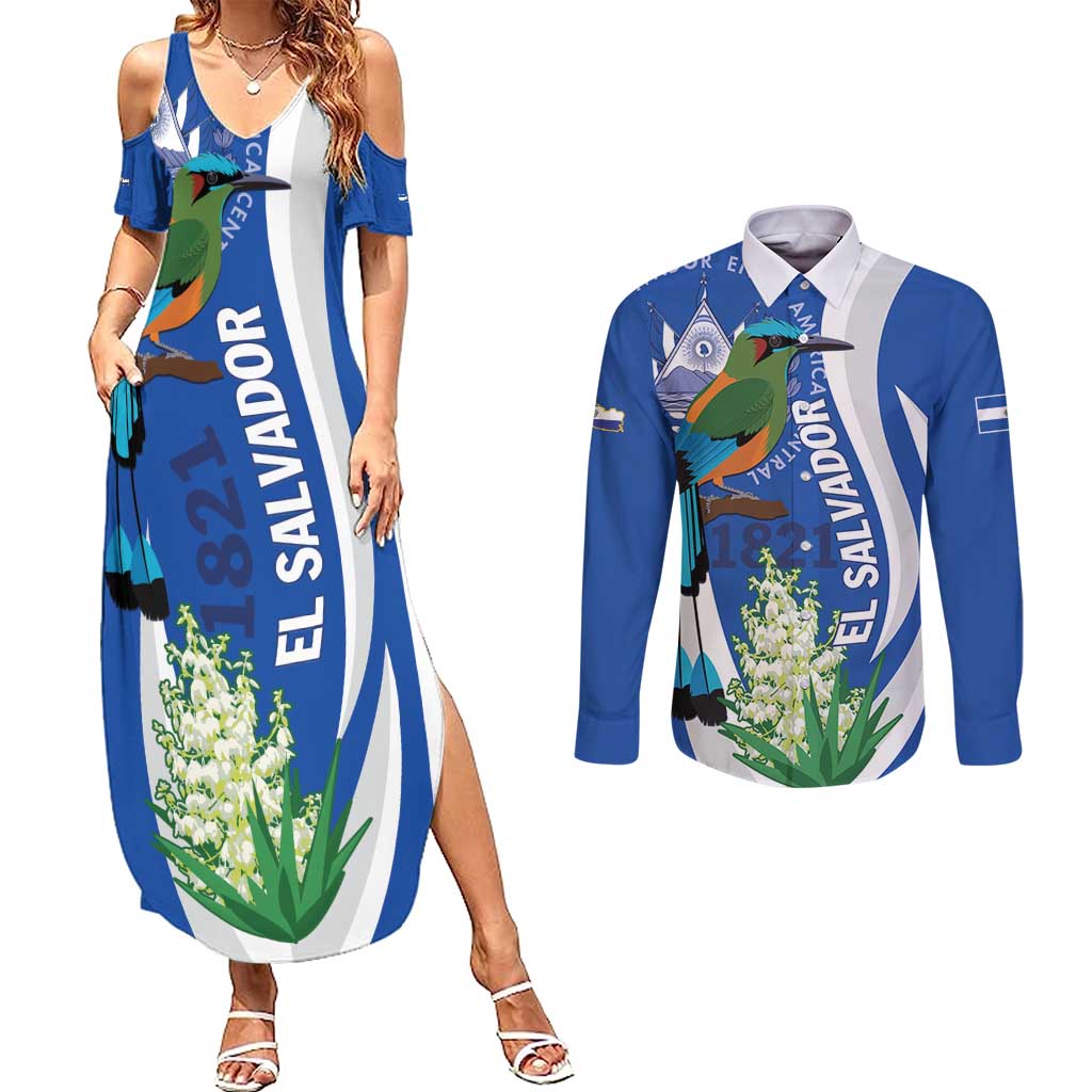 El Salvador Independence Day Couples Matching Summer Maxi Dress and Long Sleeve Button Shirt Flor De Izote With Turquoise Browed Motmot - Wonder Print Shop