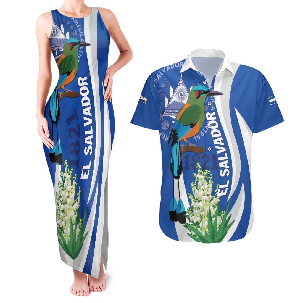 El Salvador Independence Day Couples Matching Tank Maxi Dress and Hawaiian Shirt Flor De Izote With Turquoise Browed Motmot - Wonder Print Shop