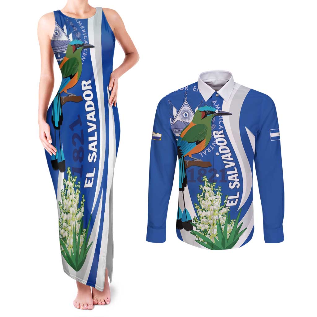 El Salvador Independence Day Couples Matching Tank Maxi Dress and Long Sleeve Button Shirt Flor De Izote With Turquoise Browed Motmot - Wonder Print Shop