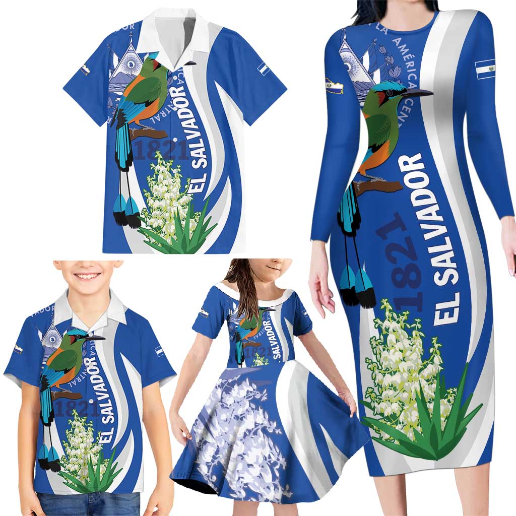 El Salvador Independence Day Family Matching Long Sleeve Bodycon Dress and Hawaiian Shirt Flor De Izote With Turquoise Browed Motmot - Wonder Print Shop