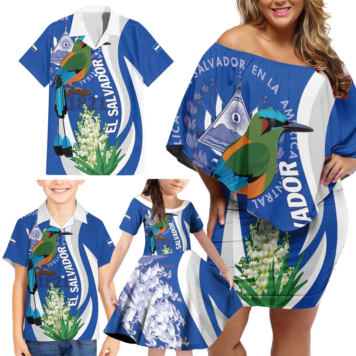 El Salvador Independence Day Family Matching Off Shoulder Short Dress and Hawaiian Shirt Flor De Izote With Turquoise Browed Motmot - Wonder Print Shop