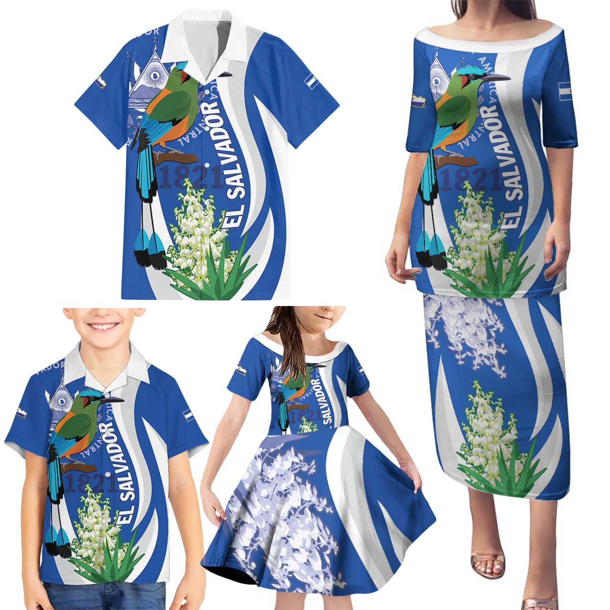 El Salvador Independence Day Family Matching Puletasi and Hawaiian Shirt Flor De Izote With Turquoise Browed Motmot - Wonder Print Shop