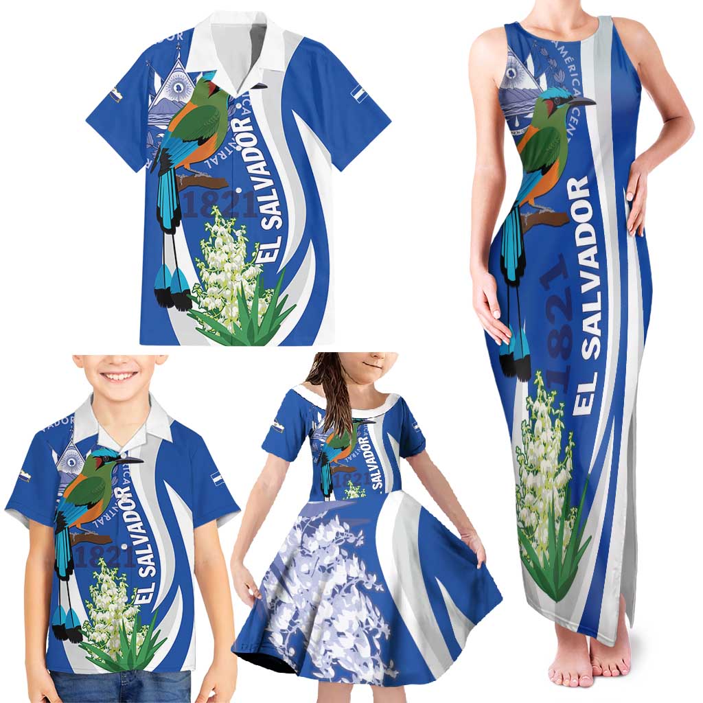 El Salvador Independence Day Family Matching Tank Maxi Dress and Hawaiian Shirt Flor De Izote With Turquoise Browed Motmot - Wonder Print Shop