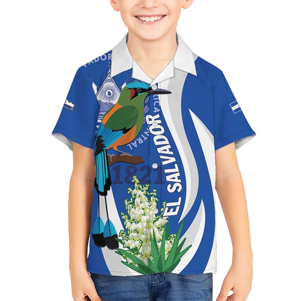 El Salvador Independence Day Kid Hawaiian Shirt Flor De Izote With Turquoise Browed Motmot - Wonder Print Shop