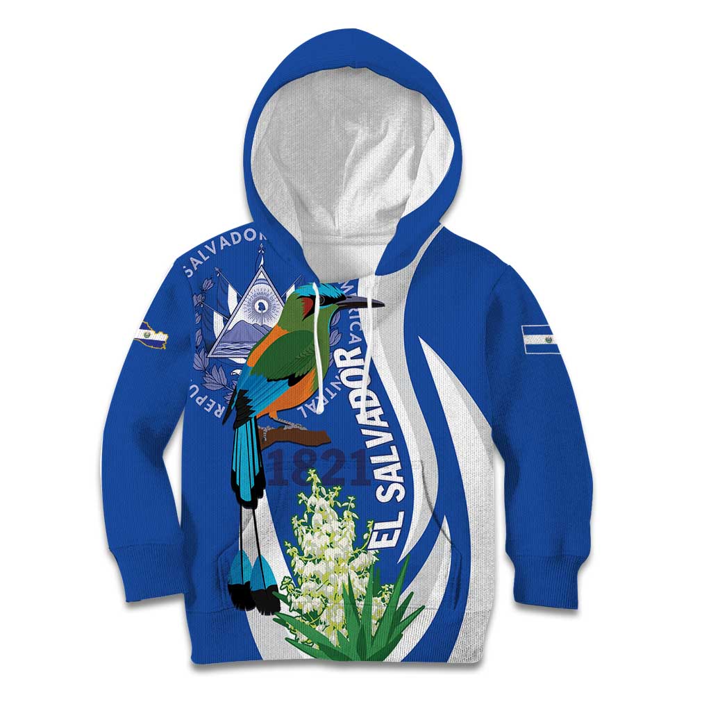 El Salvador Independence Day Kid Hoodie Flor De Izote With Turquoise Browed Motmot - Wonder Print Shop