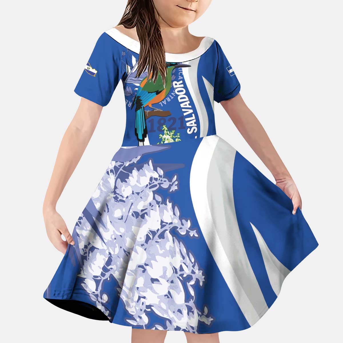 El Salvador Independence Day Kid Short Sleeve Dress Flor De Izote With Turquoise Browed Motmot - Wonder Print Shop